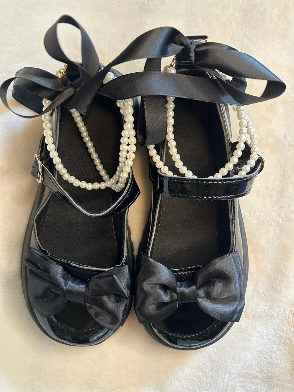 Black Patent Mary Jane Lug Sole Platform Shoe Pearl Ankle Strap Bows Women 37 EU